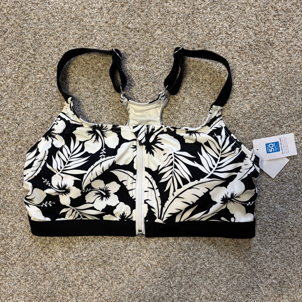Lands end black and white hibiscus floral sporty bikini top NWT